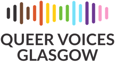 Queer Voices Glasgow logo with multi-coloured sound wave